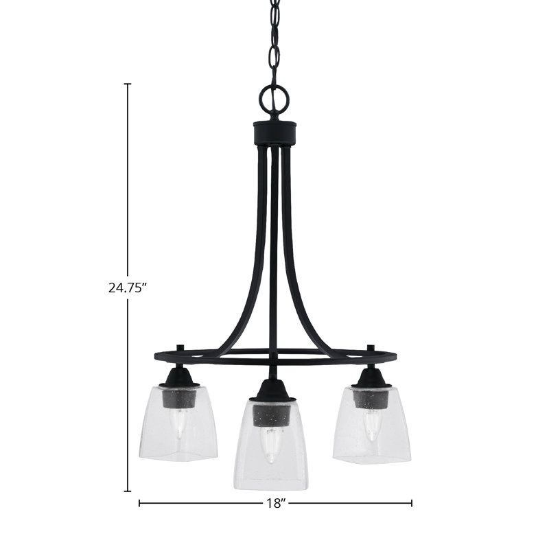 Paramount 3 Light Downlight Chandelier Shown In Matte Black Finish With 4.5” Square Clear Bubble Glass