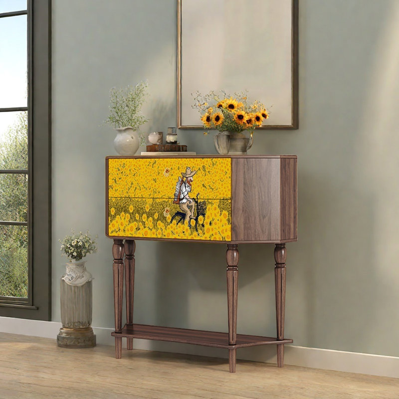 Buffet de rangement 33,5 po à deux tiroirs, Brun/jaune
