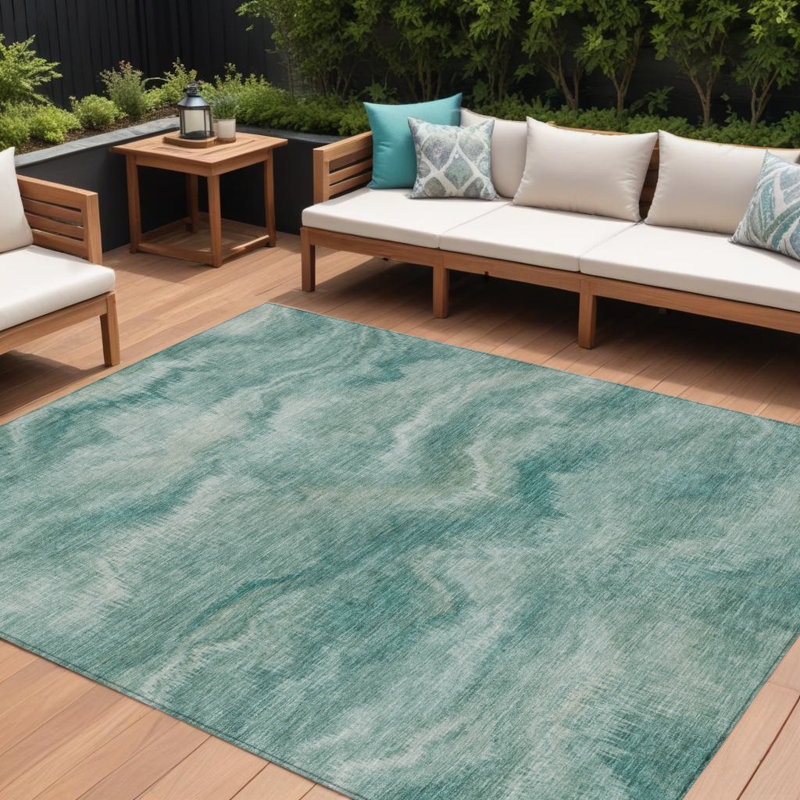 Tapis d'extérieur lavable abstrait bleu sarcelle et ivoire 8 pi x 10 pi