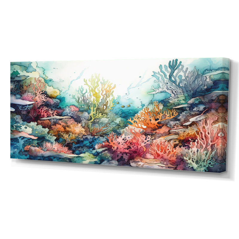 «Vibrant Coral Reef III - Modern Beach», art mural, Toile tendue, H 28 po x l 60 po x P 1,5 po