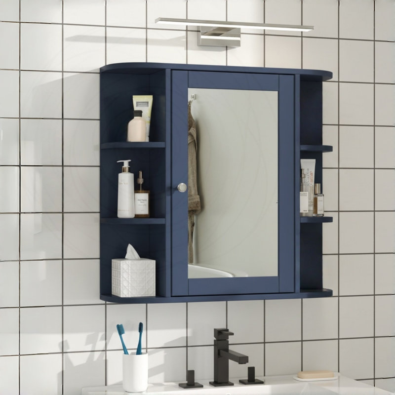 Armoire de salle de bain à miroir murale avec rangement 2 en 1, 6 tablettes ouvertes et tablette réglable, Bleu