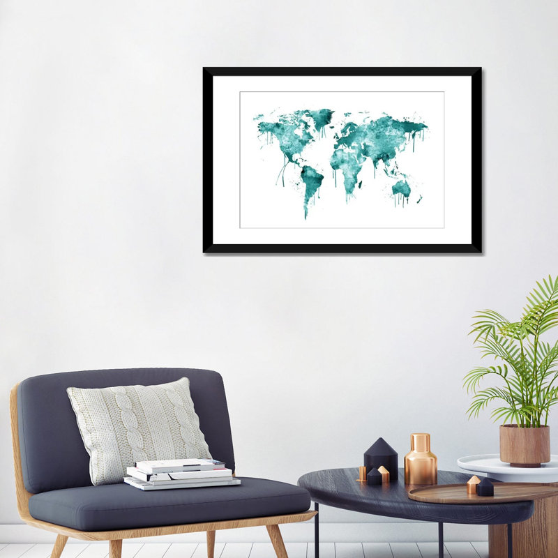 «Watercolor Map Of The World Map, Teal» par Michael Tompsett, impression sur toile, Papier avec cadre noir, Blanc