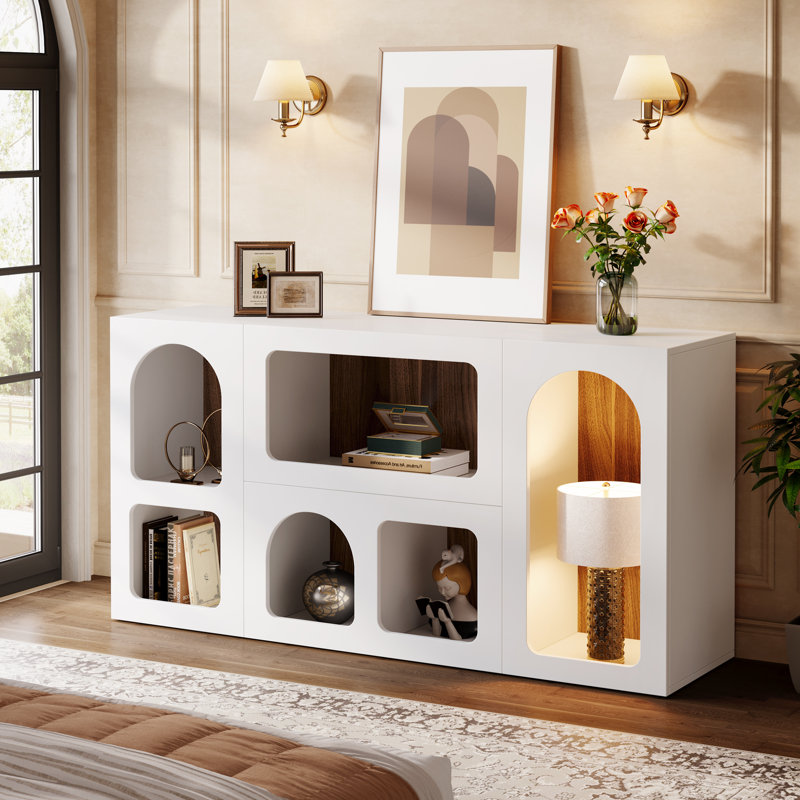59" White Console Table, Modern Entryway Table with 6 Cube Storage Organizer