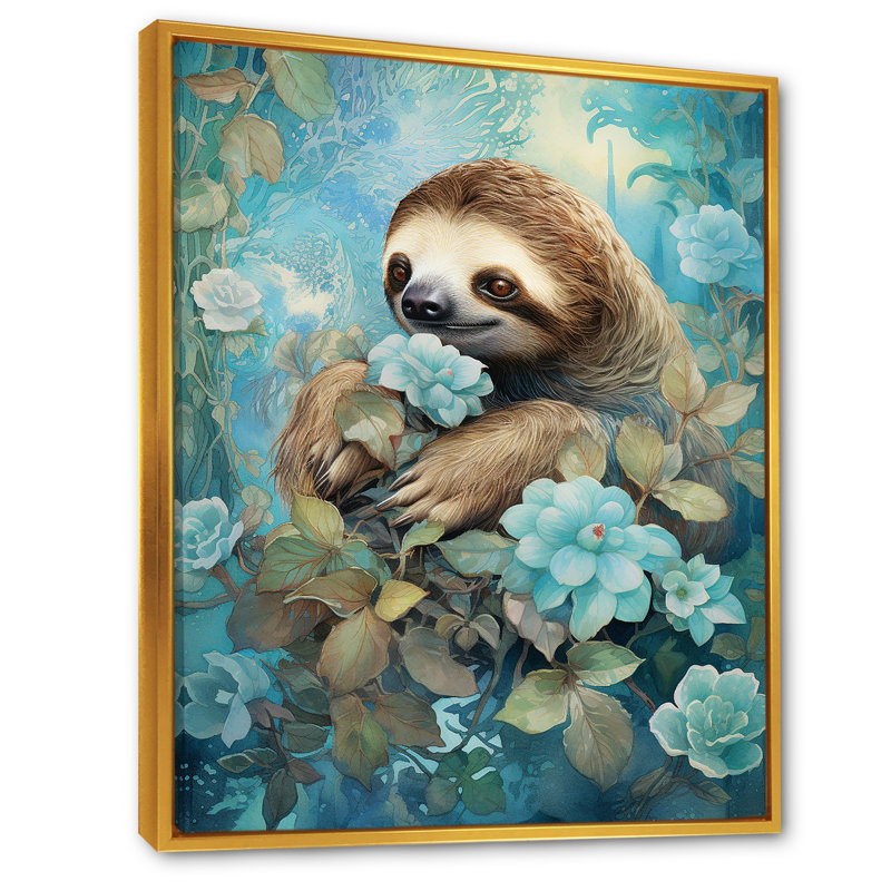 «Turquoise Tranquility Flower Sloth», reproduction sur toile, Cadre flottant doré, H 32 po x l 16 po x P 1 po