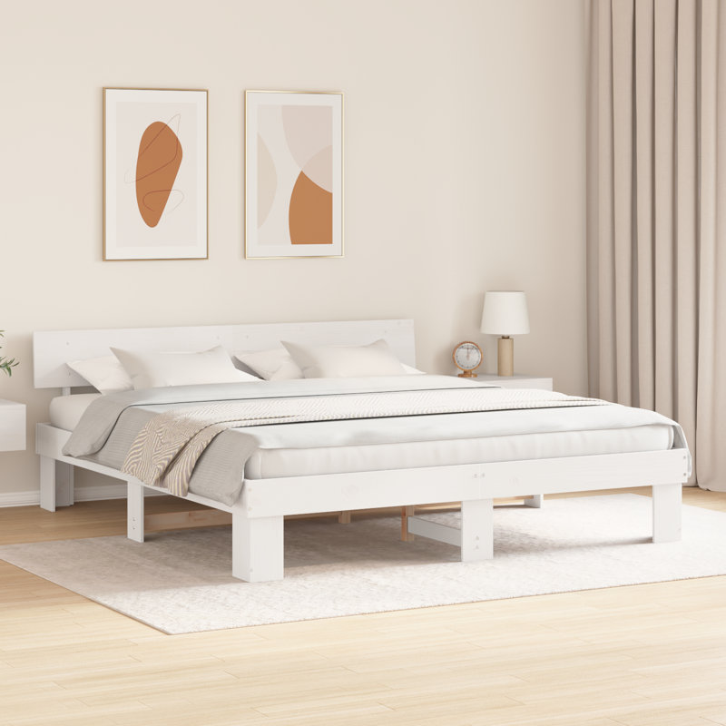 Bed Frame with Headboard Solid Pine Wood, White, Super King (6')