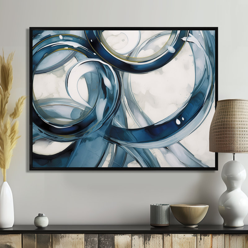 Tourbillon bleu - art abstrait spirale moderne, H 16 po x l 32 po x P 1 po, Toile avec cadre flottant noir