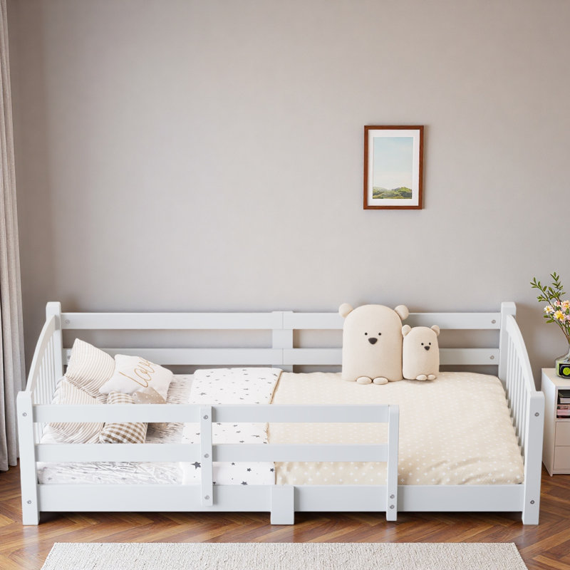 Lit de plancher avec lattes et barrières de sécurité, Lit simple, Blanc