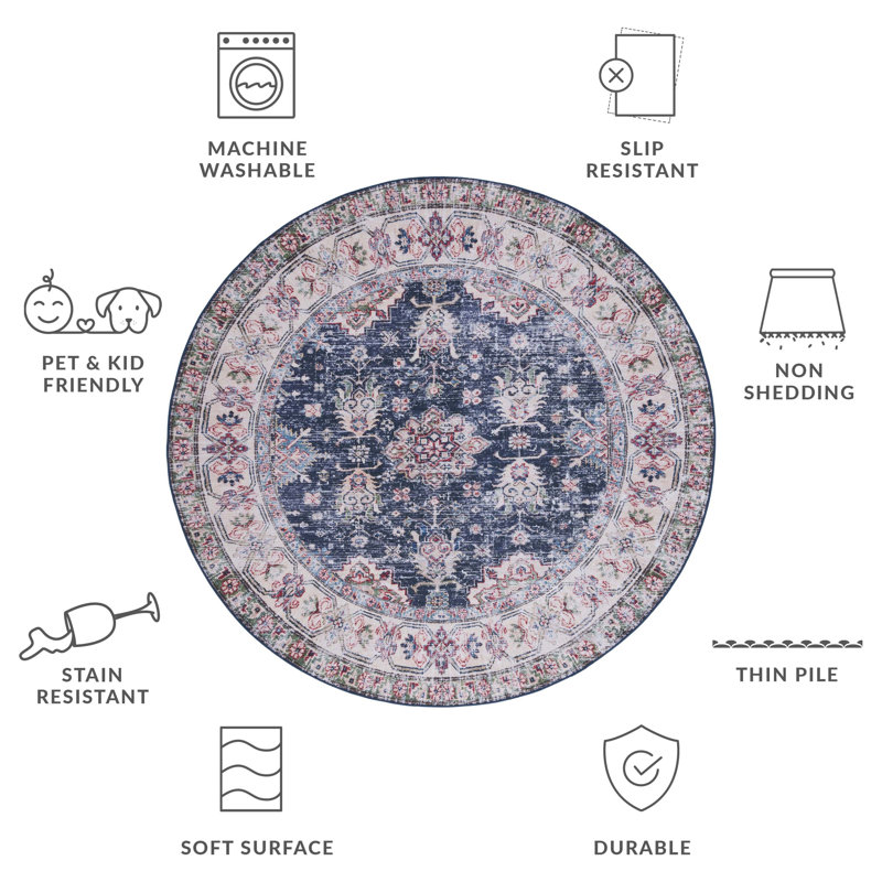 Tapis oriental en polyester tissé à la machine bleu marine / beige Pashen, Rond 6 pi
