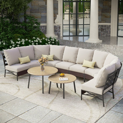 Ensemble de mobilier d'extérieur courbé pour l'extérieur - osier brun, coussins gris et table basse