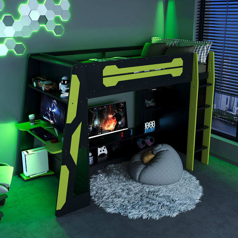 Lit mezzanine simple en bois avec bureau, tablettes multiples et lumière RVB, Vert