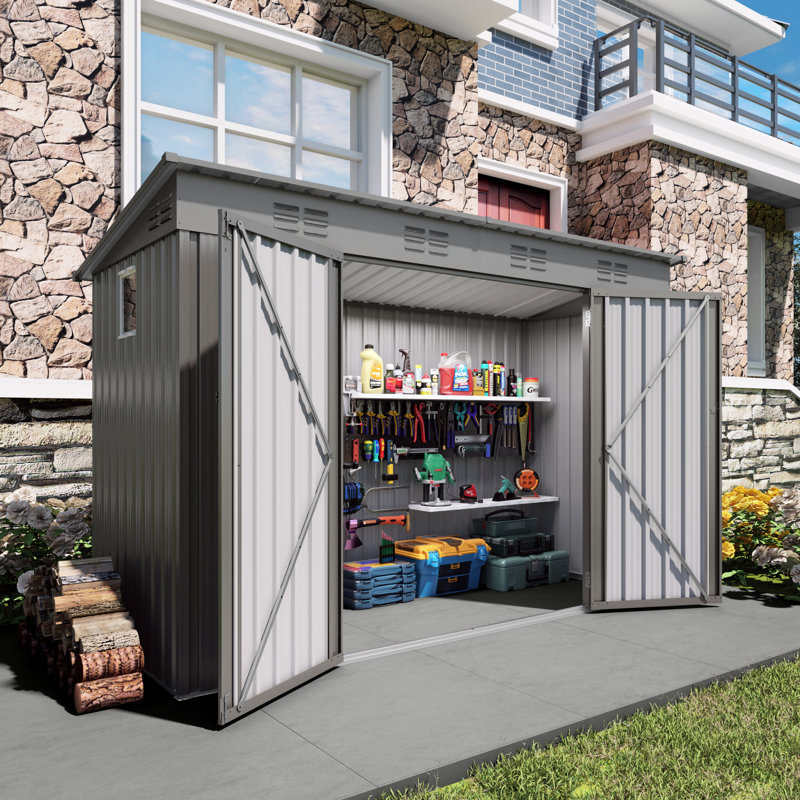 Remise de rangement grise en métal de 4 pi x 9 pi avec toit incliné, 6 évents et 2 portes battantes, protège la rouille, garde les articles au sec, évents extérieurs, portes convenant pour ranger les outils de jardin et garder les poubelles organis?