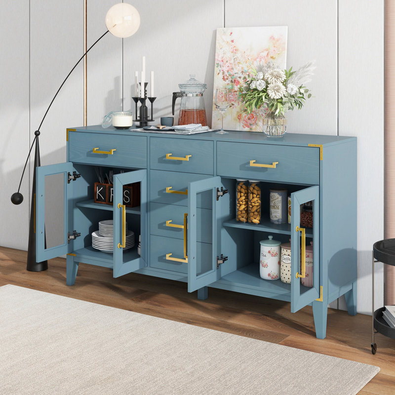 Buffet avec table en bois d'hévéa Mankato, Bleu antique