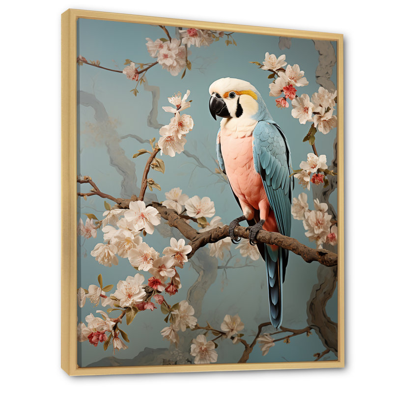 Art floral rétro perroquets rétro 2 - perroquet, Cadre flottant brun, H 32 po x l 24 po x P 1 po
