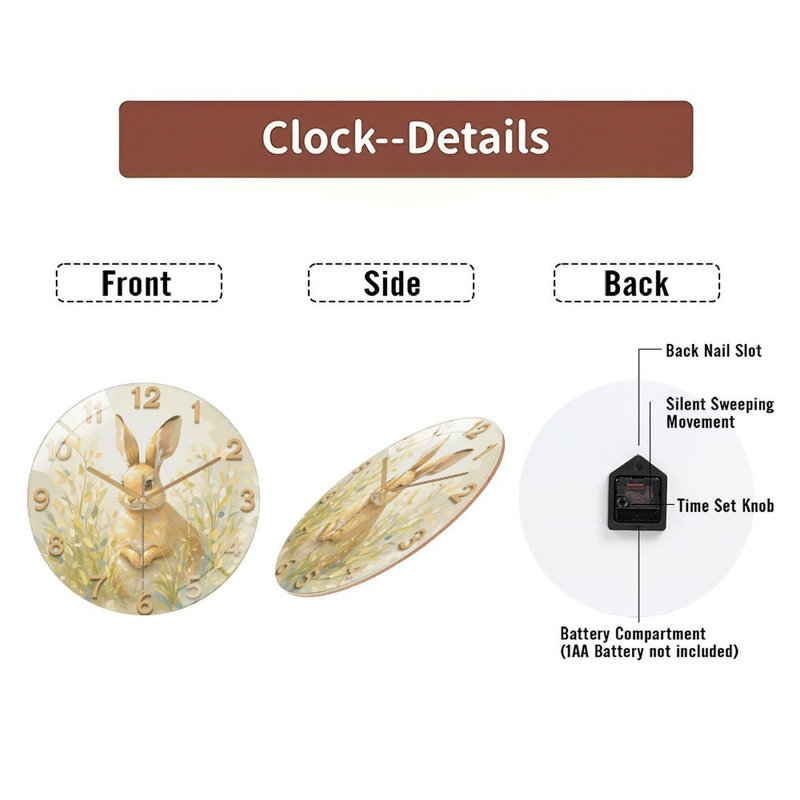 Horloge murale mignonne en forme de lapin pour la maison ou le bureau - Horloge murale moderne en verre 12 po