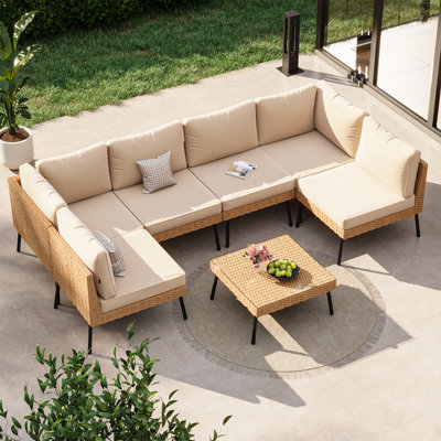 7-Piece Outdoor Patio Conversation Sofa Sets With Removable Cushions, All-Weather Wicker Sectional Seating Group With Coffee Table
