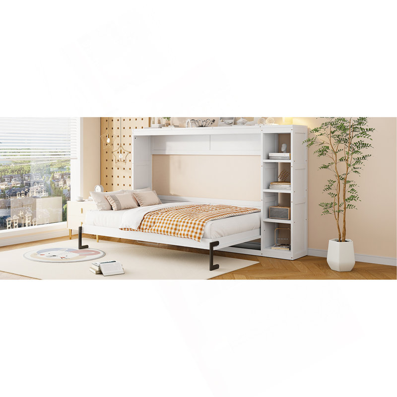 Lit escamotable double avec bibliothèque, Lit double, Blanc