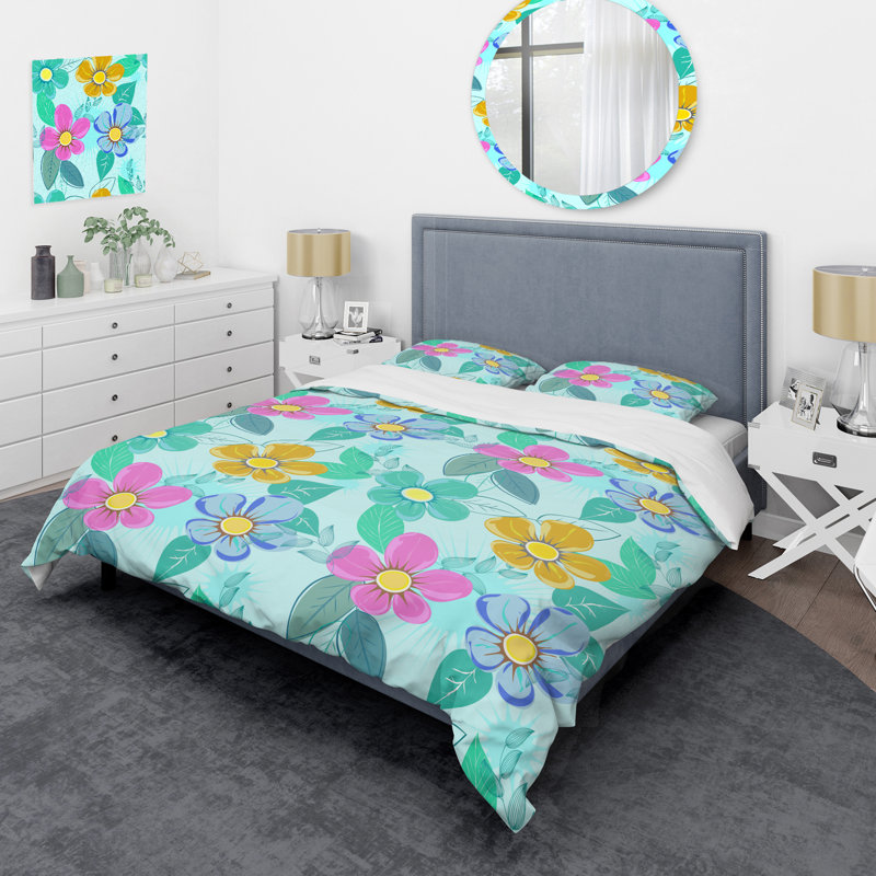 Fleurs et feuilles colorées - ensemble de housse de couette floral - polyester microfibre