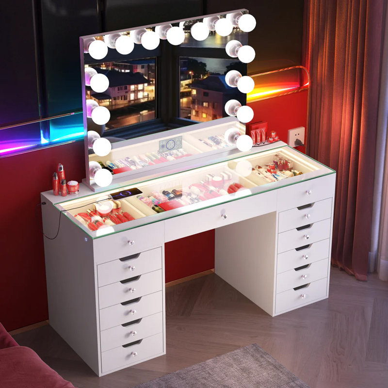 Ensemble de meuble-lavabo avec miroir lumineux et plateau en verre HD avec 13 bandes de lumière DEL intégrées