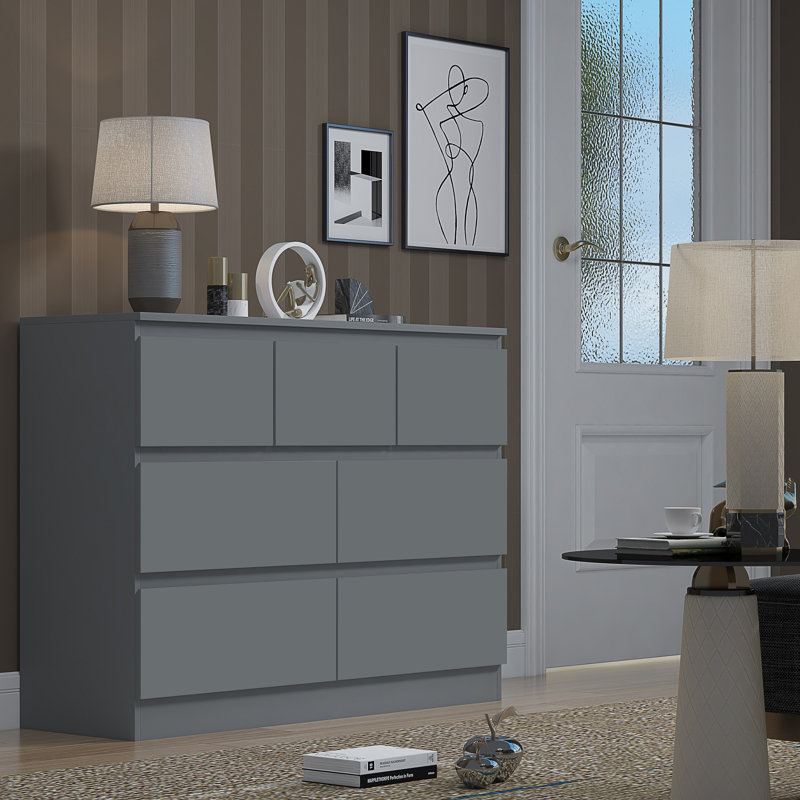 Warren 7 Drawer Merchant Chest Of Drawers: 4 + 3 Configuration. Scratch Resistant. Handleless Design. 14cm Deep Drawers, Grey