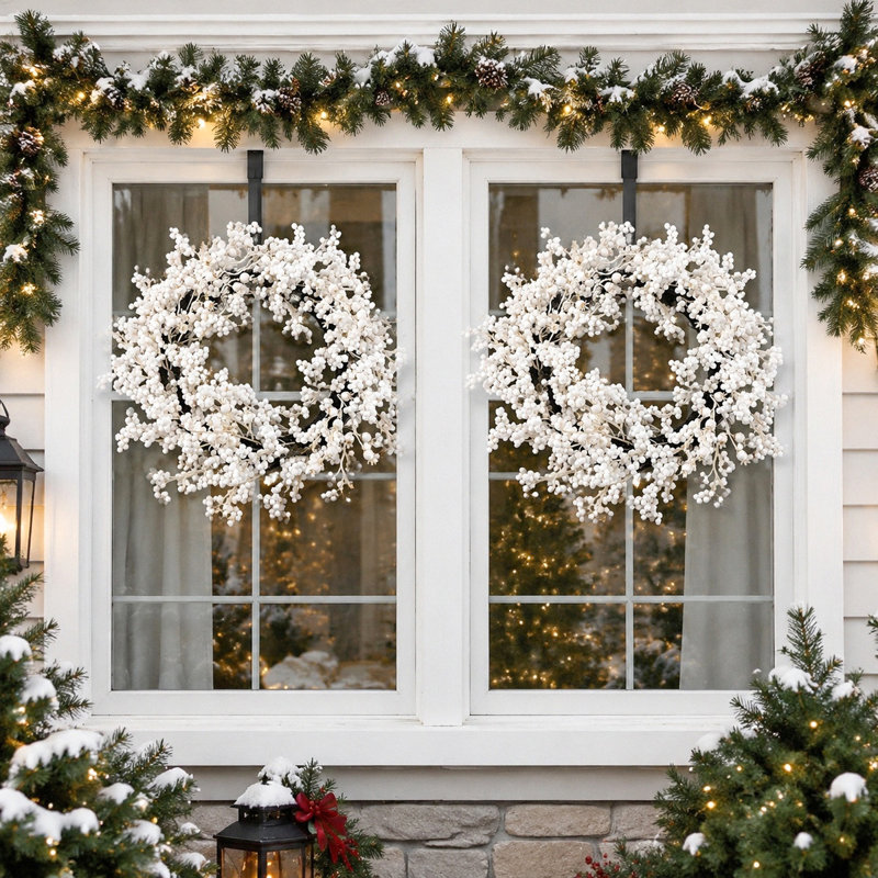 Couronne de baies blanches artificielles de 40 cm (15,75 pouces), couronne d'hiver avec de denses grappes de baies blanches pour la décoration de porte d'entrée, de mur ou de maison de campagne pour les fêtes.