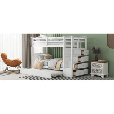 Twin Over Twin Bunk Bed With Trundle And Staircase,White(OLD SKU:LT000068AAK)