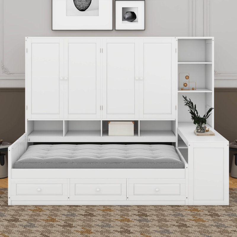 Twin Size Wooden Daybed With Three Drawers, Desk And Shelves, White, Twin