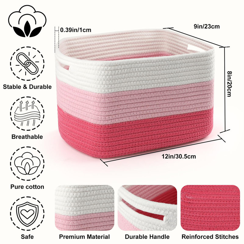 4 Pack 12×9×8 Inch Cotton Rope Storage Baskets with Handles, Woven Organizing Baskets for Toy, Towel, Book and Clothing Storage