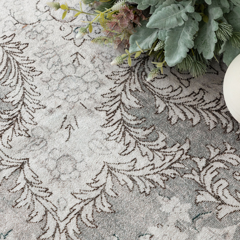 Gray Vintage Floral Washable Synthetic Area Rug 5' x 8'
