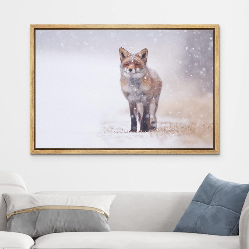 Animals " Fox Enjoy The Snow ", Natural Frame, 24" H x 36" W x 1.5" D