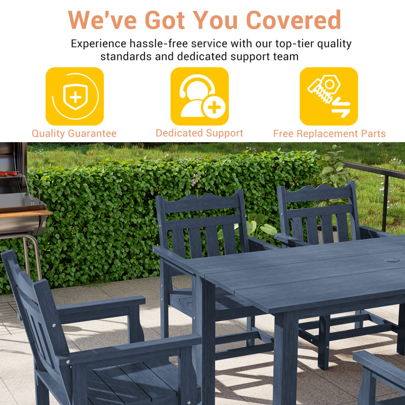 7 Piece HIPS Weather-Resistant Patio Dining Set with Umbrella Hole, Heavy Duty Dining Table Set for 6, Easy Assembly Patio Table and Chairs for Patio, Yard, Poolside