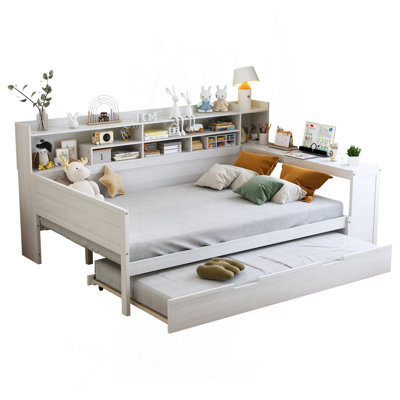 Wooden Full Size Daybed With Storage Shelves, Multi-Functional Bed With Twin Size Trundle Bed And  Study Desk, Antique White