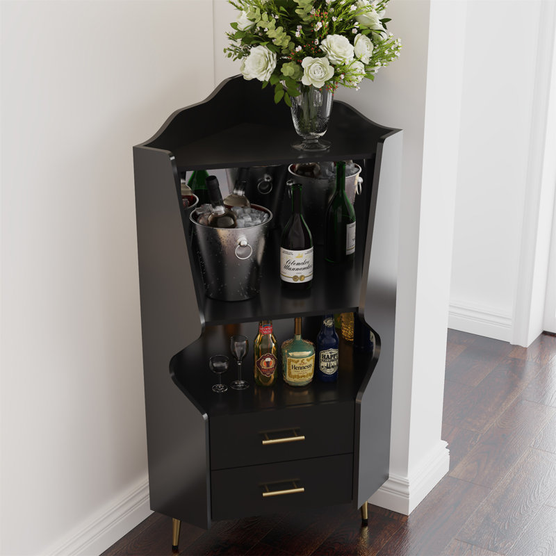 Bar en bois avec 2 tablettes de rangement ouvertes et 2 tiroirs, Noir