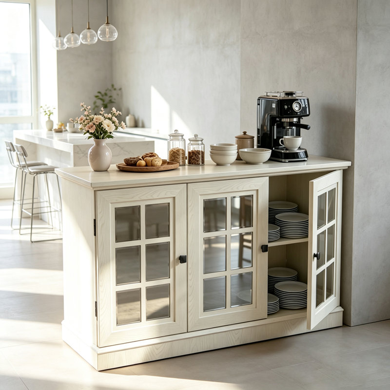 Armoire de rangement de 45 po de largeur avec 3 portes en miroir en acrylique, buffet avec tablettes réglables pour le salon, la salle à manger et la cuisine, fabriquée avec des stratifiés décoratifs et un support en panneau de fibres à densité moyenne