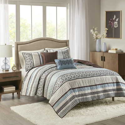 Ensemble de courtepointe 5 pièces Princeton Blue Jacquard avec coussins décoratifs