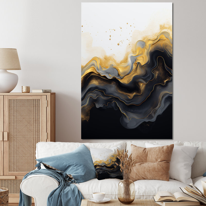 Or et marbre noir Essence II - décoration murale en marbre, Black Picture Framed, 32" H x 24" W