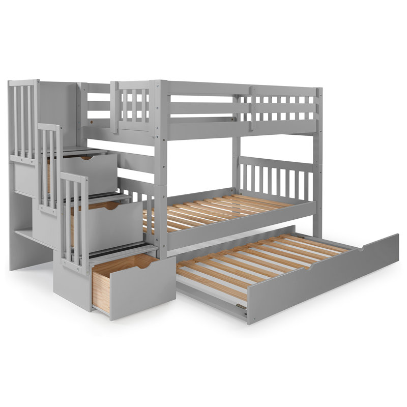 Tena Twin over Twin Solid Wood Standard Bunk Bed with a 3 Step Stairway, 3 Built-In Drawers, Twin Trundle, Gray, Gray