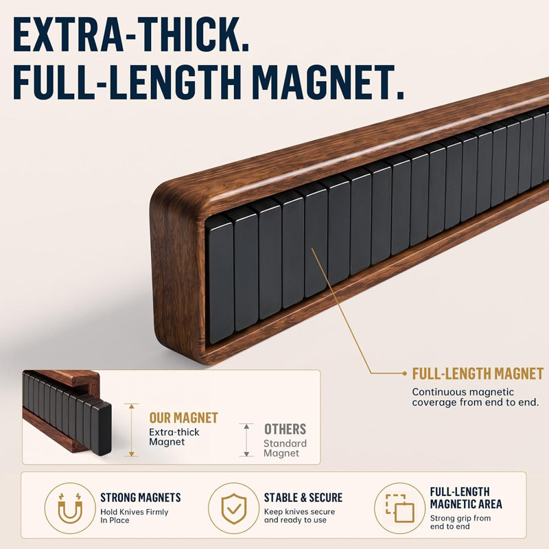 Porte-couteaux magnétique mural, barre de 40 cm en bois d'acacia, 4 crochets adhésifs sans perçage, fixation par vis ou sur réfrigérateur, aimant puissant, idéal pour les chefs et les petites cuisines, gain de place
