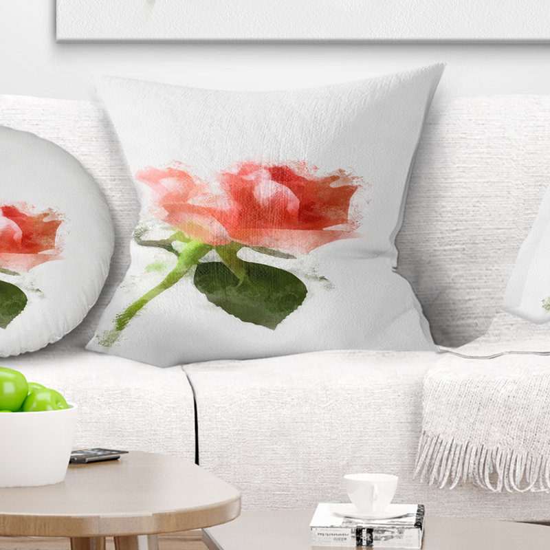 Rose rose avec aquarelle et tige - coussin imprimé floral, 16 po x 1 po, Coussin décoratif