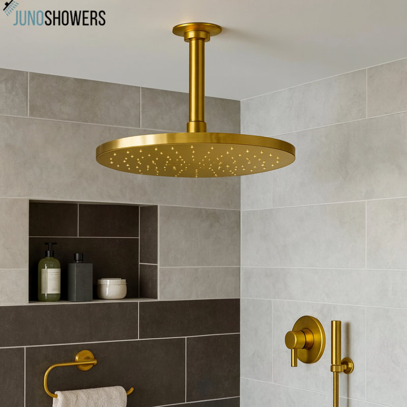 Juno Stainless Steel Gold Tone Round Ceiling Mount LED Rain Shower Head