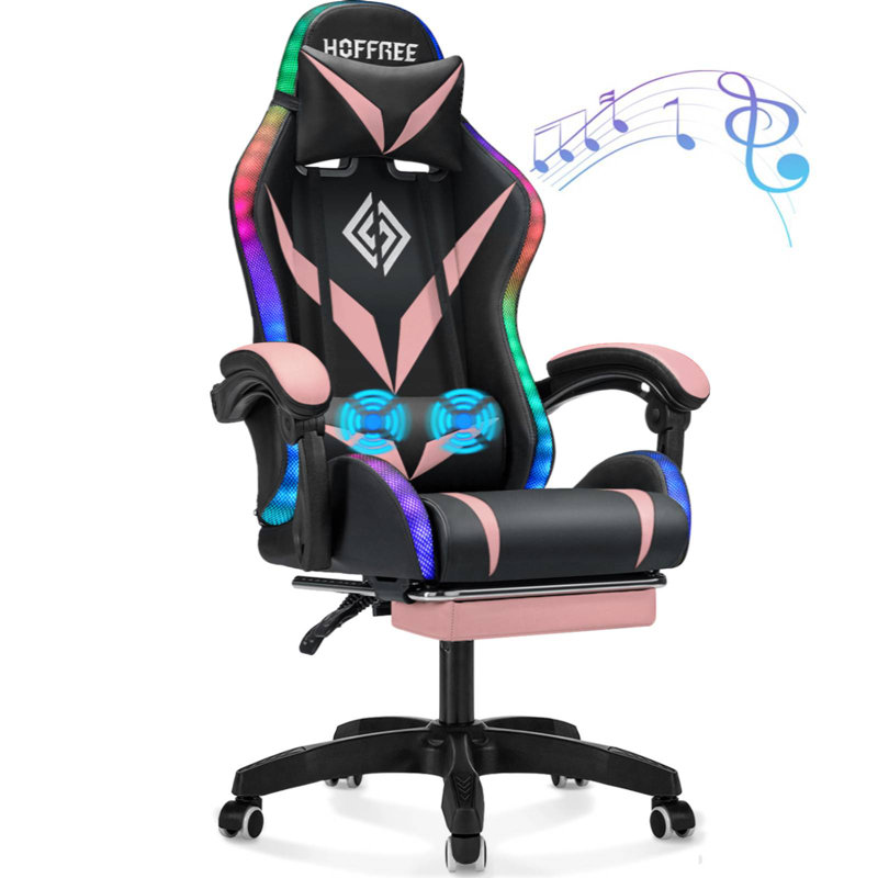 Hoffree Massage Ergonomic Gaming Chair with Bluetooth Speakers and RGB LED Lights, Pink/Black