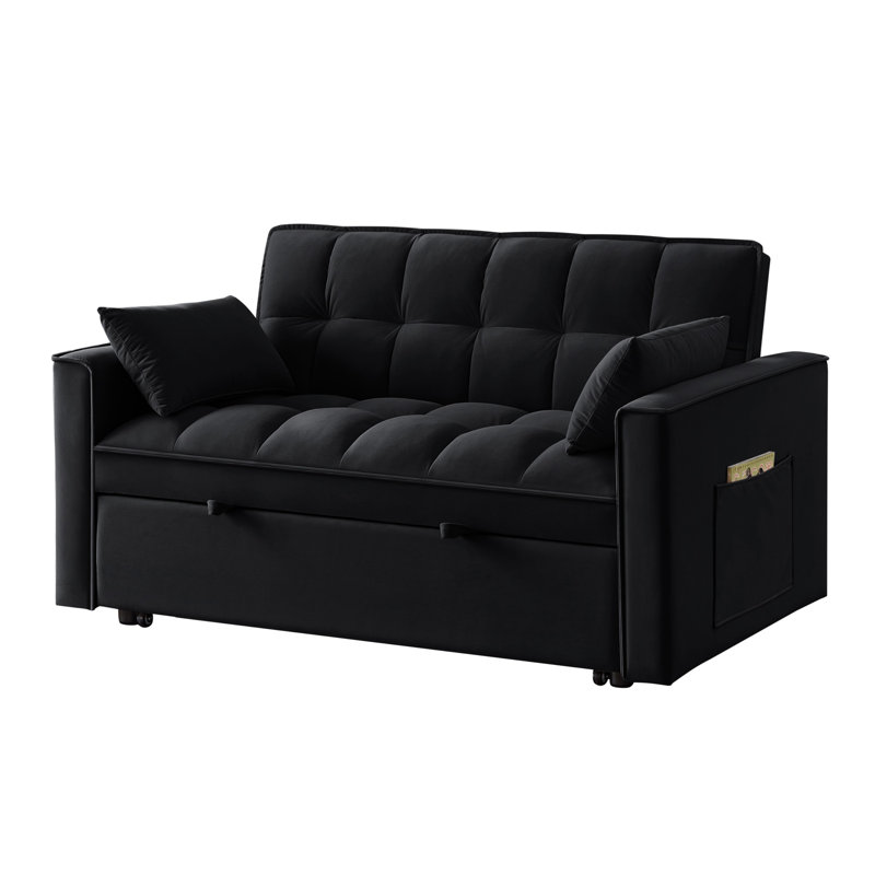 Convertible Sofa Bed with Arm Storage Pockets, Black Velvet