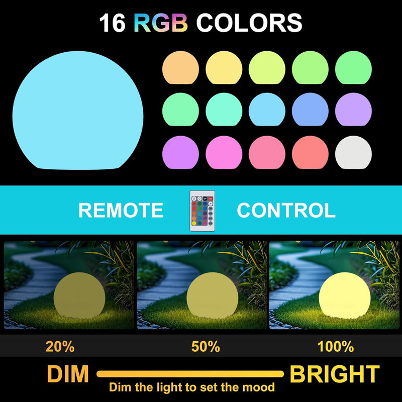 Solar Powered LED Globe Light - 12 Inch Dimmable Outdoor Table Lamp With Remote, 16 RGB Colours, Waterproof Design For Patio, Garden, Yard, Beach, Pathway, Nursery Decor