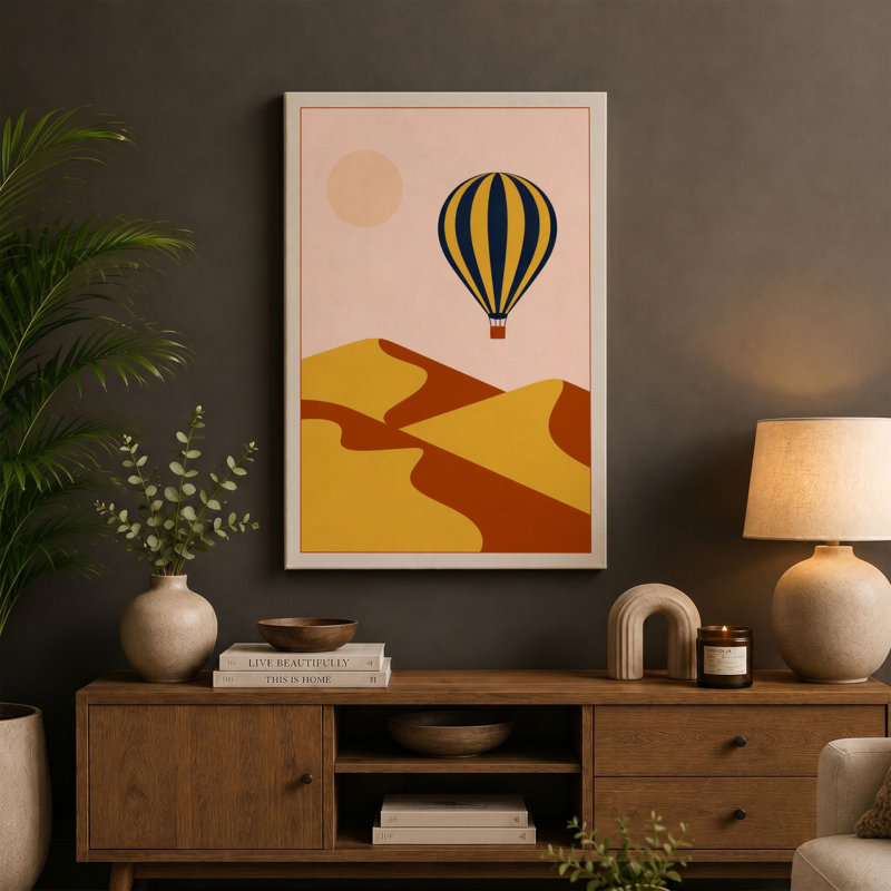 Balloon Over Desert Retro - Wrapped Canvas, 24x16 - 61.0 x 40.6 cm, Terracotta Border