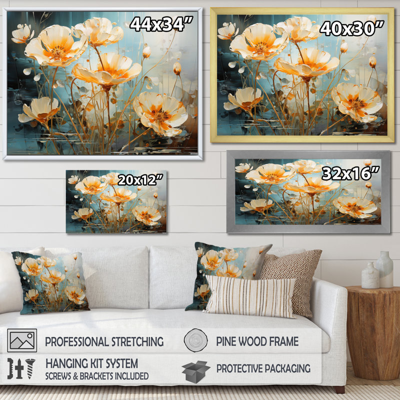 «Peach Buttercups Romantic Impression III», reproduction d'art sur toile, H 24 po x l 32 po x P 1 po, Cadre naturel flottant