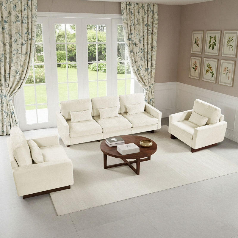 Ensemble de salon 3 pièces - Canapé en chenille et 2 chaises avec pieds en bois - (3 + 1 + 1)