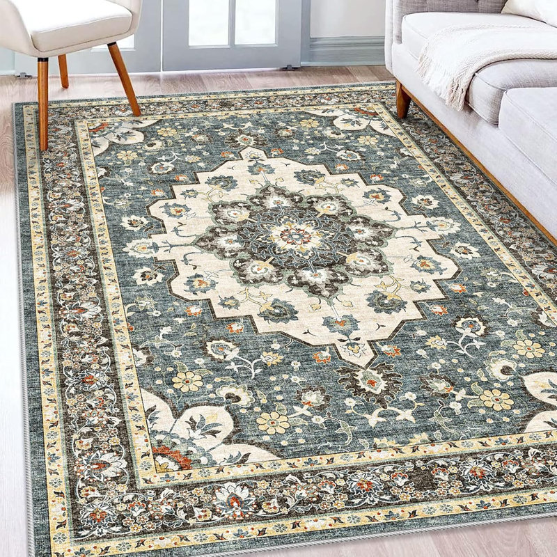 Washable Oriental Hallway Rug - Rugs for Living Room Soft Carpet for Bedroom Kitchen Waterproof Floral Distressed Indoor Stain Resistant Non-Shedding Floor Carpets (Blue)