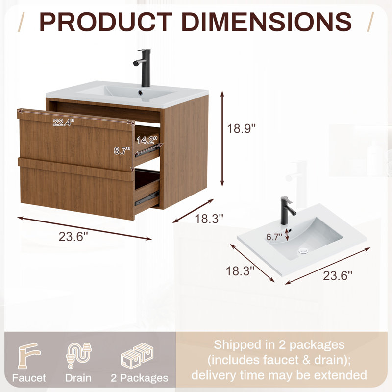 Meuble-lavabo mural de 24 po avec lavabo â€“ Meuble-lavabo suspendu dotÃ© de 2 tiroirs de rangement spacieux, comprenant un lavabo en cÃ©ramique blanche, un robinet et un siphon