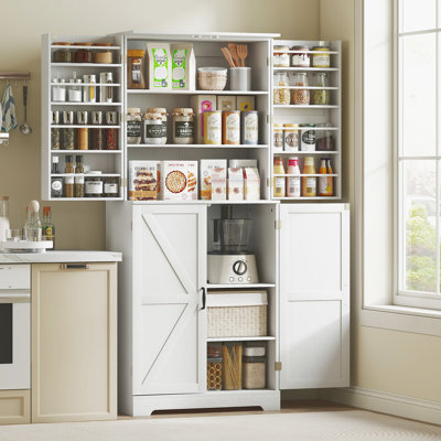 72" Farmhouse Kitchen Pantry Cabinet, Freestanding Tall Storage Cabinet with 4 Barn Doors, 4 Adjustable Shelves and 8 Door Shelves by Ophelia & Co.