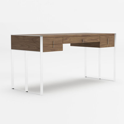 Bureau, 4 tiroirs, structure en métal moderne, brun noyer