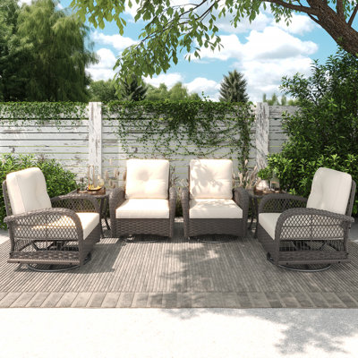 Ensemble de conversation en osier pour l'extérieur 6 pièces - 4 chaises pivotantes et 2 tables d'appoint avec coussins en tissu doux